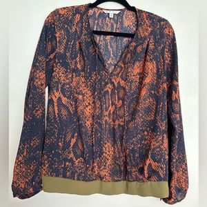 CAbi Womans Blouse Python Snake Print Top Blue Orange Long Sleeves Career